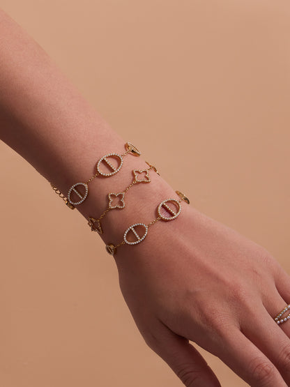 316L Stainless Steel 18K Gold PVD Paved Zircon Four Leaf Clover & Geometric Bracelet - Paved Zircon, Four Leaf Clover, Geometric Sun, Gold Bracelet, Delicate, Elegant Wholesale Stainless Steel Jewelry - Sensitive Skin Friendly - Detail 6
