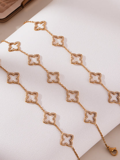 316L Stainless Steel 18K Gold PVD Paved Zircon Four Leaf Clover & Geometric Bracelet - Paved Zircon, Four Leaf Clover, Geometric Sun, Gold Bracelet, Delicate, Elegant Wholesale Stainless Steel Jewelry - Sensitive Skin Friendly - Detail 9