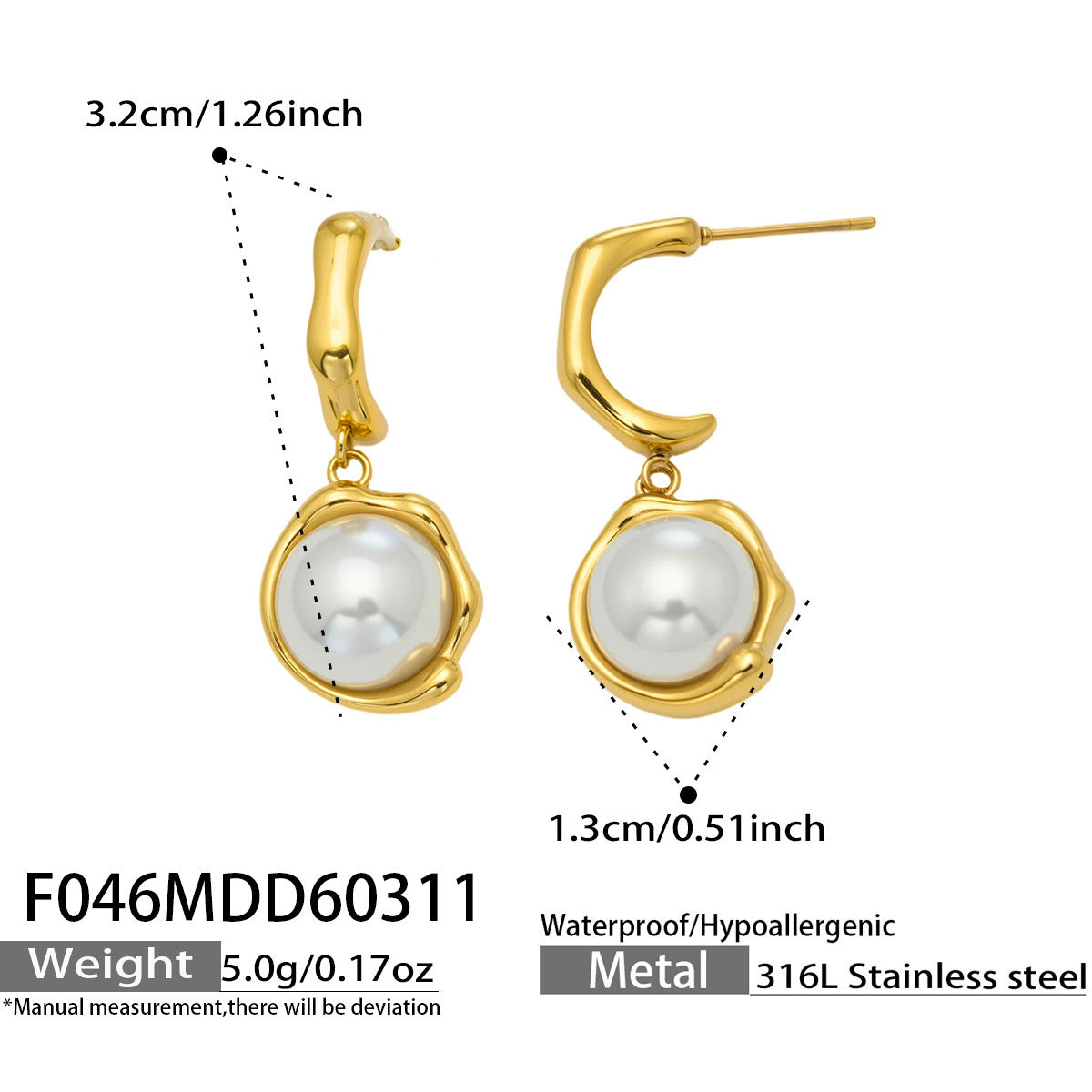 316L Stainless Steel 18K Gold PVD Pearl Drop C-Hoop Earrings - Gold Pearl Drop C-Hoop Earrings, Chic, Elegant, Modern Wholesale Stainless Steel Jewelry - Sensitive Skin Friendly - Detail 1
