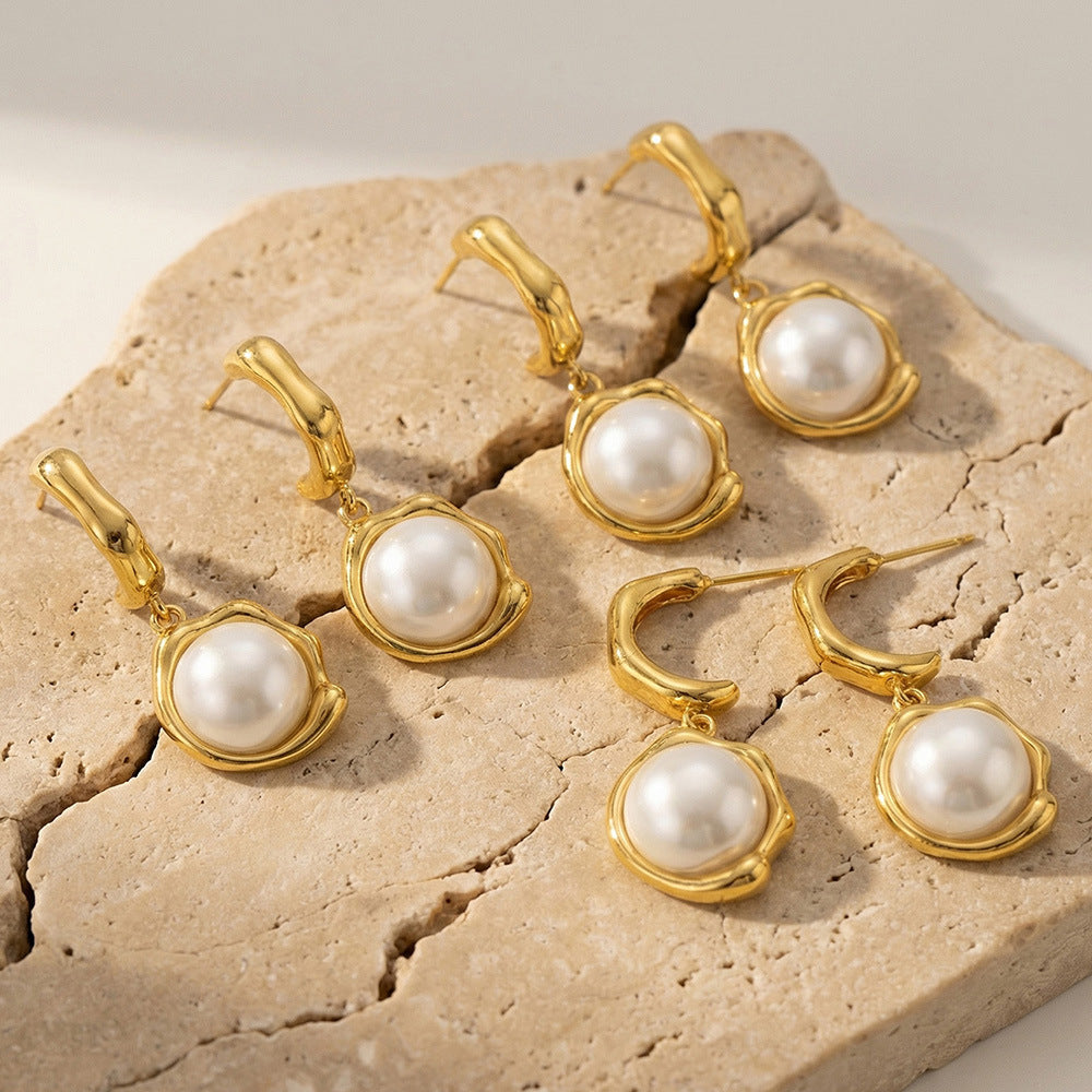 316L Stainless Steel 18K Gold PVD Pearl Drop C-Hoop Earrings - Gold Pearl Drop C-Hoop Earrings, Chic, Elegant, Modern Wholesale Stainless Steel Jewelry - Sensitive Skin Friendly - Detail 10