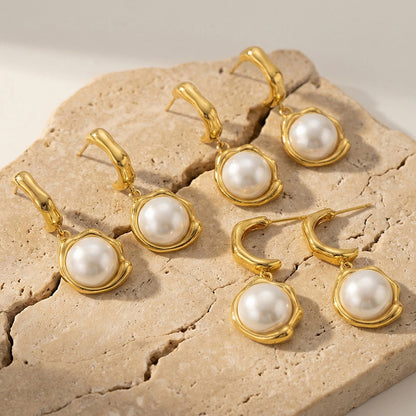 316L Stainless Steel 18K Gold PVD Pearl Drop C-Hoop Earrings - Gold Pearl Drop C-Hoop Earrings, Chic, Elegant, Modern Wholesale Stainless Steel Jewelry - Sensitive Skin Friendly - Detail 10