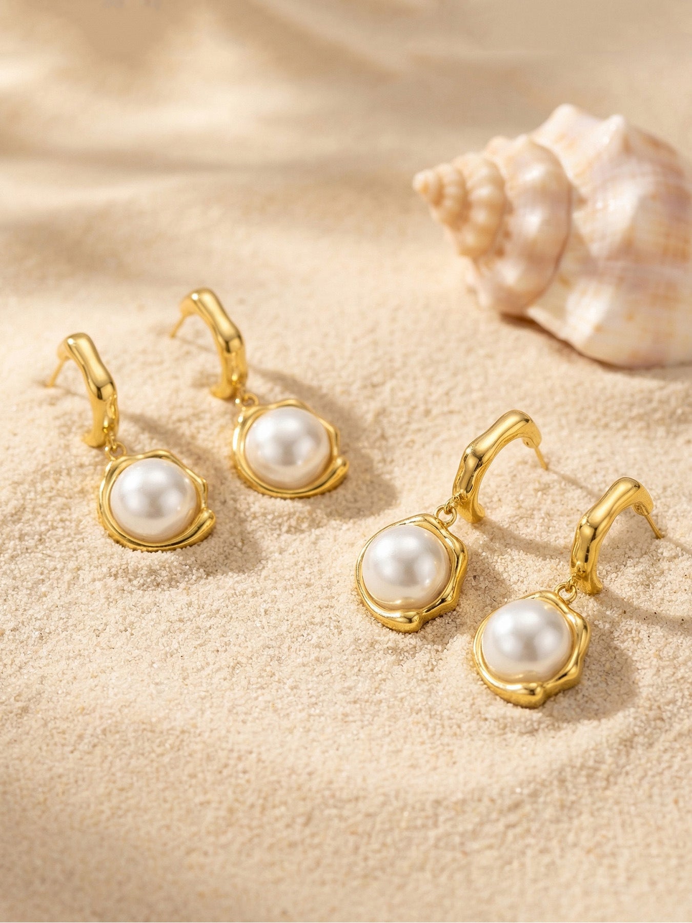 316L Stainless Steel 18K Gold PVD Pearl Drop C-Hoop Earrings - Gold Pearl Drop C-Hoop Earrings, Chic, Elegant, Modern Wholesale Stainless Steel Jewelry - Sensitive Skin Friendly - Detail 11