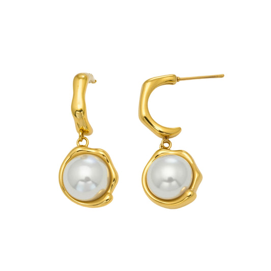 316L Stainless Steel 18K Gold PVD Pearl Drop C-Hoop Earrings - Gold Pearl Drop C-Hoop Earrings, Chic, Elegant, Modern Wholesale Stainless Steel Jewelry - Sensitive Skin Friendly - Detail 6