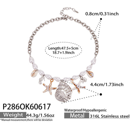 316L Stainless Steel 18K Gold PVD Pearl Resin Sea Star Necklace - Elegant Sea Star Design, Pearl Resin Accents Wholesale Stainless Steel Jewelry - Sensitive Skin Friendly - Detail 1
