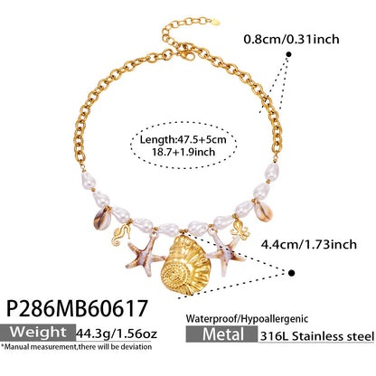 316L Stainless Steel 18K Gold PVD Pearl Resin Sea Star Necklace - Elegant Sea Star Design, Pearl Resin Accents Wholesale Stainless Steel Jewelry - Sensitive Skin Friendly - Detail 10