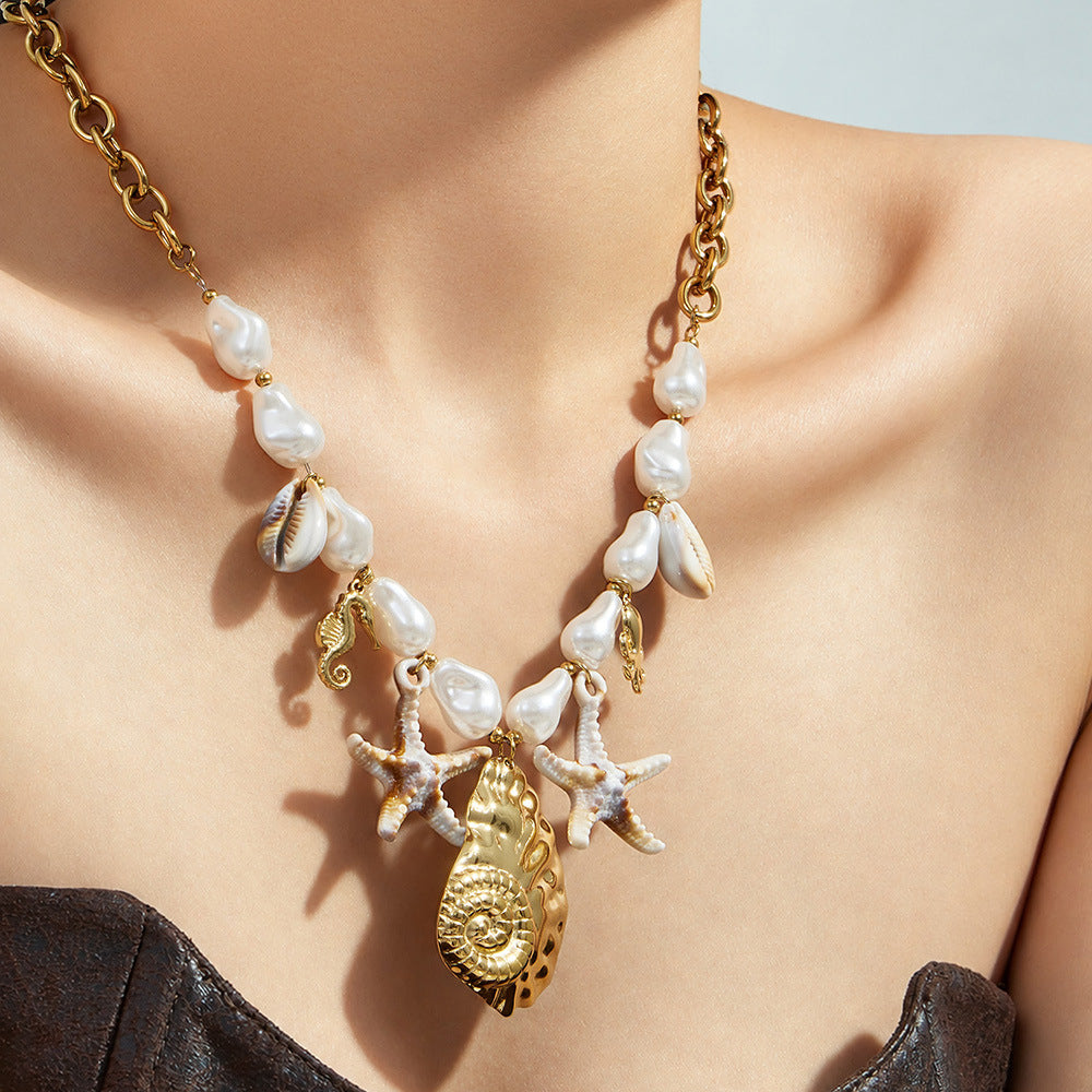 316L Stainless Steel 18K Gold PVD Pearl Resin Sea Star Necklace - Elegant Sea Star Design, Pearl Resin Accents Wholesale Stainless Steel Jewelry - Sensitive Skin Friendly - Detail 11