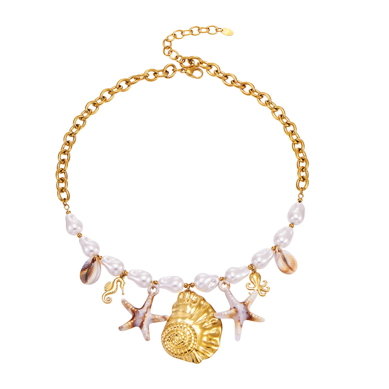 316L Stainless Steel 18K Gold PVD Pearl Resin Sea Star Necklace - Elegant Sea Star Design, Pearl Resin Accents Wholesale Stainless Steel Jewelry - Sensitive Skin Friendly - Detail 12