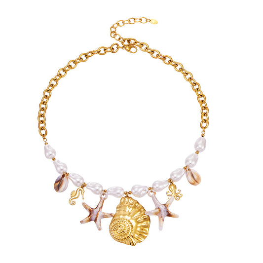 316L Stainless Steel 18K Gold PVD Pearl Resin Sea Star Necklace - Elegant Sea Star Design, Pearl Resin Accents Wholesale Stainless Steel Jewelry - Sensitive Skin Friendly - Detail 12