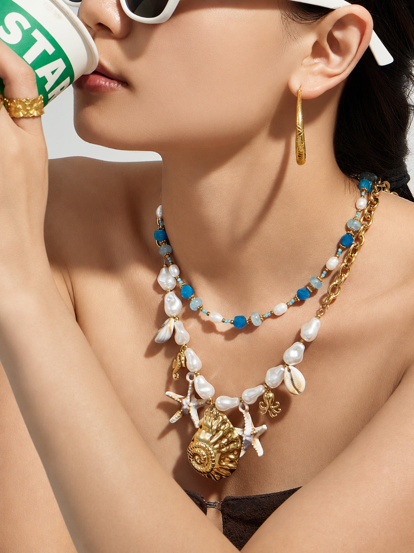 316L Stainless Steel 18K Gold PVD Pearl Resin Sea Star Necklace - Elegant Sea Star Design, Pearl Resin Accents Wholesale Stainless Steel Jewelry - Sensitive Skin Friendly - Detail 2