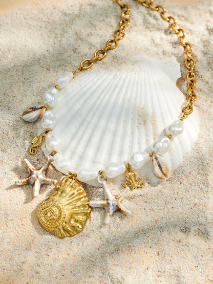 316L Stainless Steel 18K Gold PVD Pearl Resin Sea Star Necklace - Elegant Sea Star Design, Pearl Resin Accents Wholesale Stainless Steel Jewelry - Sensitive Skin Friendly - Detail 3