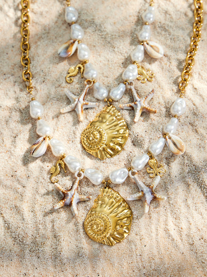 316L Stainless Steel 18K Gold PVD Pearl Resin Sea Star Necklace - Elegant Sea Star Design, Pearl Resin Accents Wholesale Stainless Steel Jewelry - Sensitive Skin Friendly - Detail 4