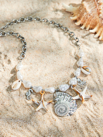 316L Stainless Steel 18K Gold PVD Pearl Resin Sea Star Necklace - Elegant Sea Star Design, Pearl Resin Accents Wholesale Stainless Steel Jewelry - Sensitive Skin Friendly - Detail 6