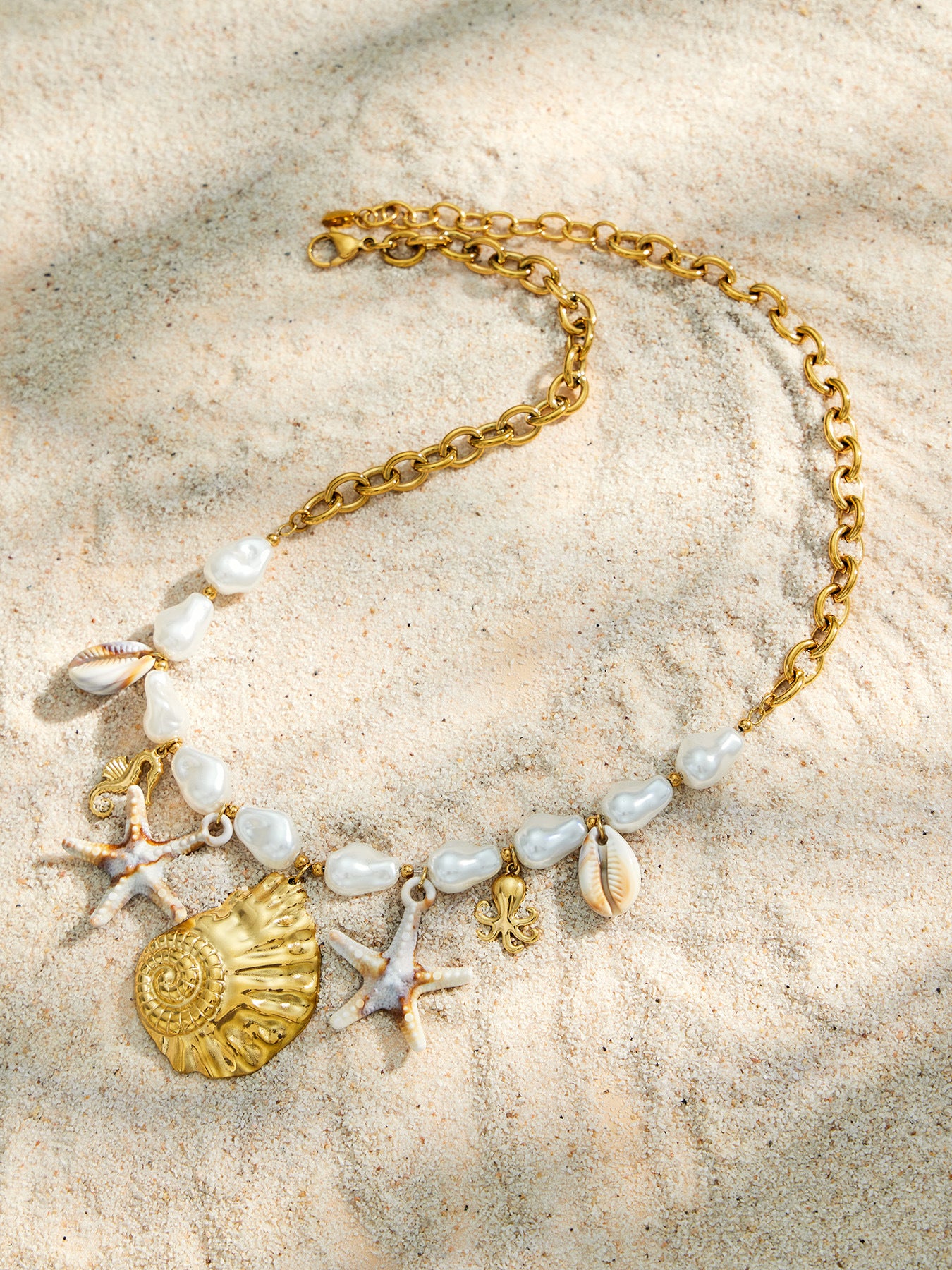 316L Stainless Steel 18K Gold PVD Pearl Resin Sea Star Necklace - Elegant Sea Star Design, Pearl Resin Accents Wholesale Stainless Steel Jewelry - Sensitive Skin Friendly - Detail 7