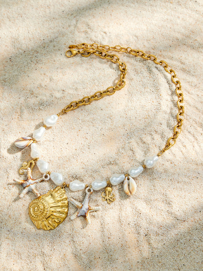 316L Stainless Steel 18K Gold PVD Pearl Resin Sea Star Necklace - Elegant Sea Star Design, Pearl Resin Accents Wholesale Stainless Steel Jewelry - Sensitive Skin Friendly - Detail 7
