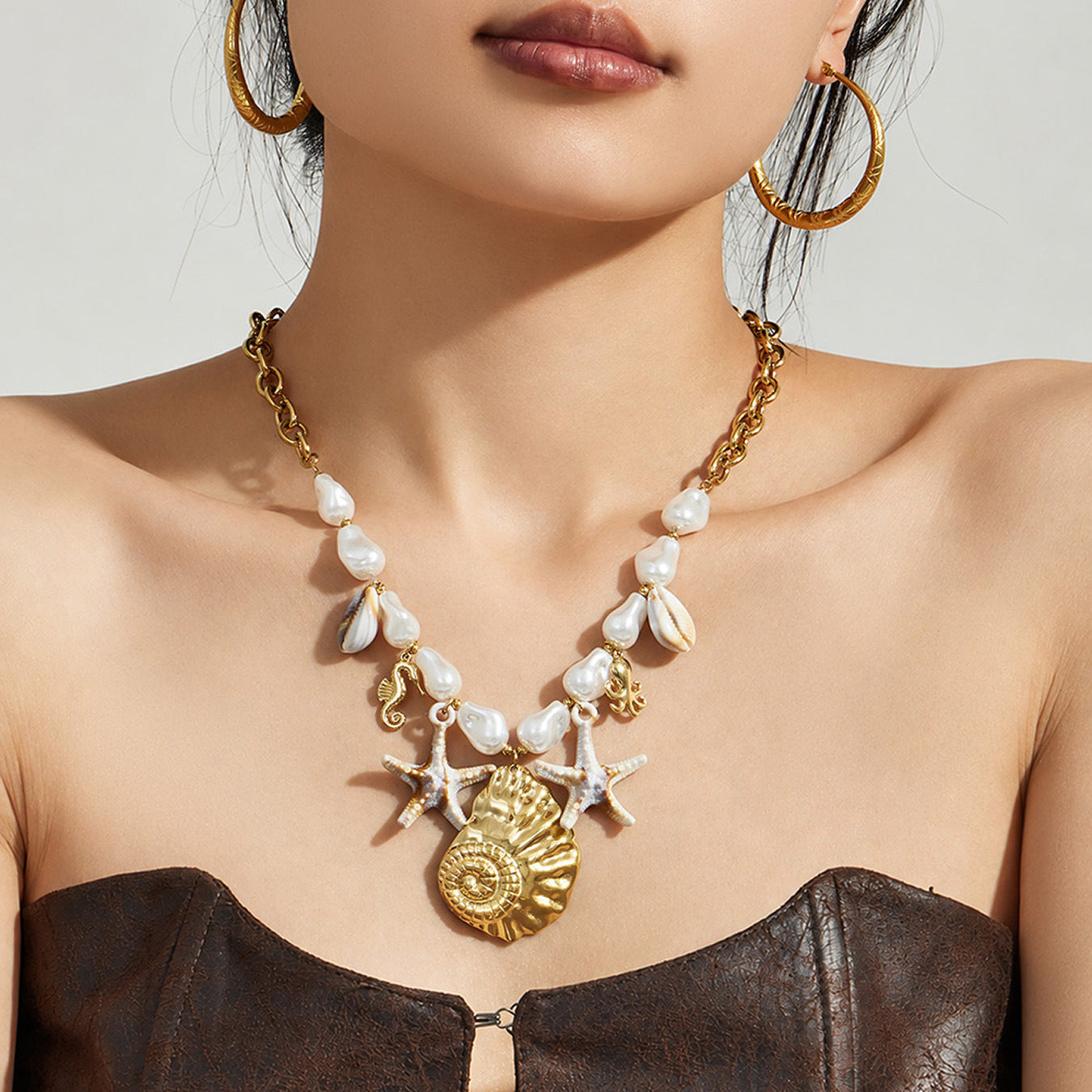 316L Stainless Steel 18K Gold PVD Pearl Resin Sea Star Necklace - Elegant Sea Star Design, Pearl Resin Accents Wholesale Stainless Steel Jewelry - Sensitive Skin Friendly - Detail 8