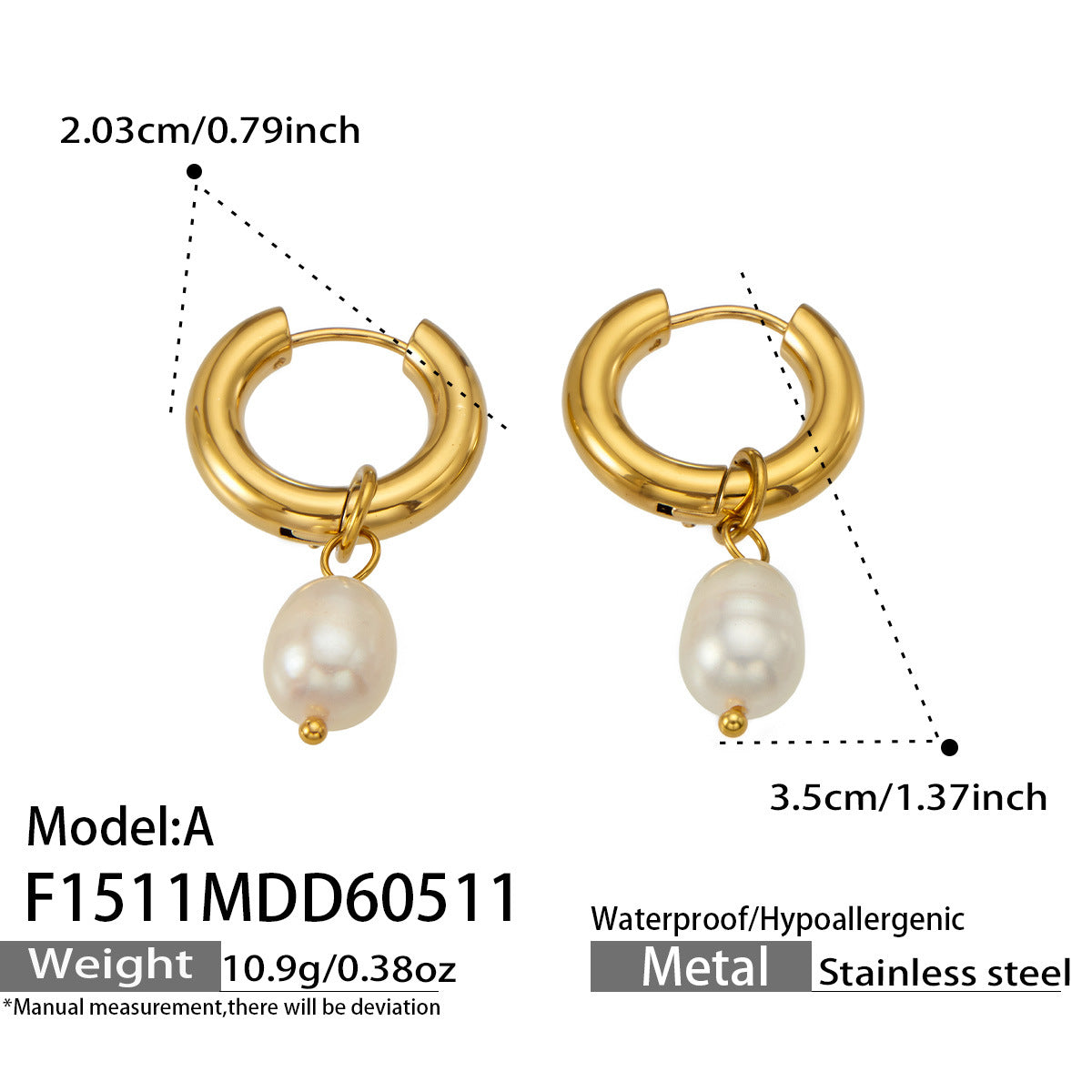 316L Stainless Steel 18K Gold PVD Pearl Round Earrings - Vintage Gold Round Pearl Minimalist Wholesale Stainless Steel Jewelry - Sensitive Skin Friendly - Detail 3