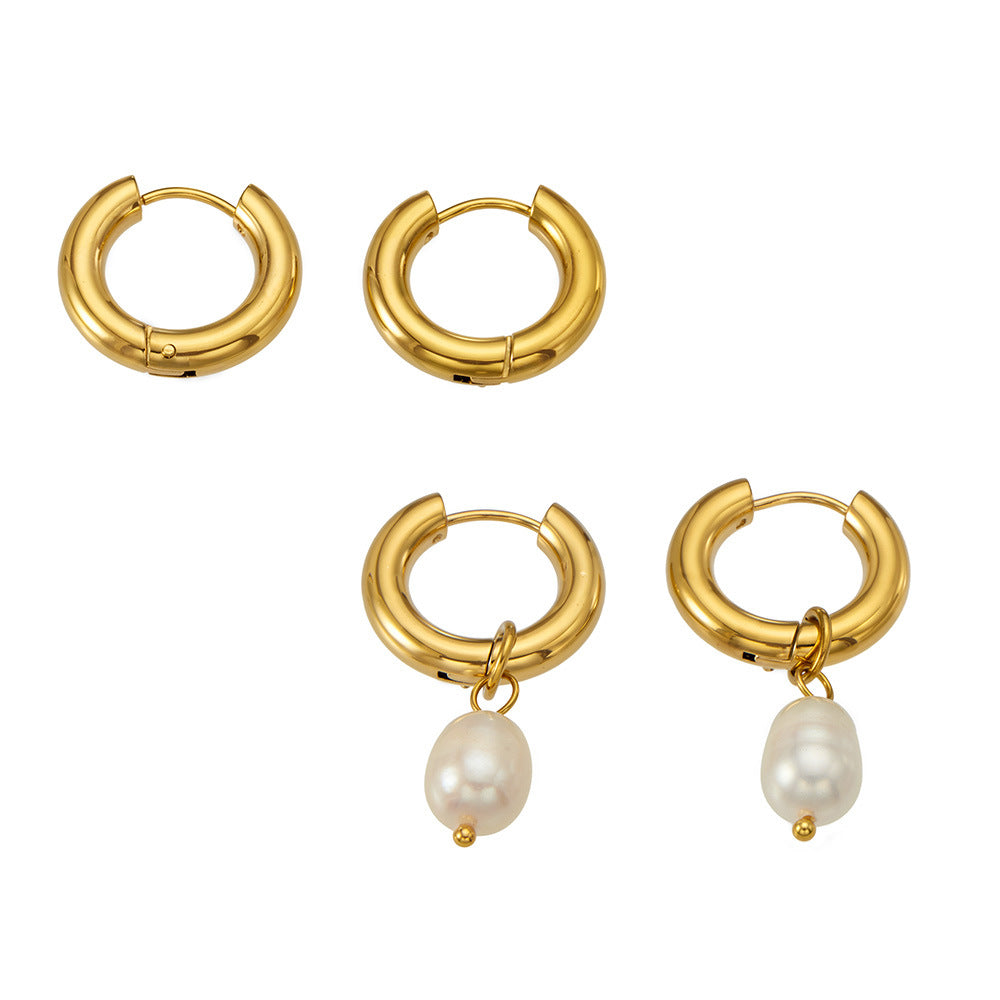316L Stainless Steel 18K Gold PVD Pearl Round Earrings - Vintage Gold Round Pearl Minimalist Wholesale Stainless Steel Jewelry - Sensitive Skin Friendly - Detail 5