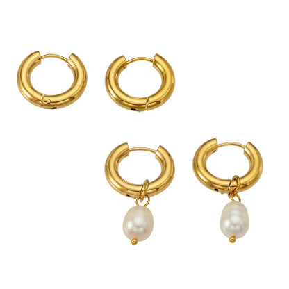 316L Stainless Steel 18K Gold PVD Pearl Round Earrings - Vintage Gold Round Pearl Minimalist Wholesale Stainless Steel Jewelry - Sensitive Skin Friendly - Detail 5