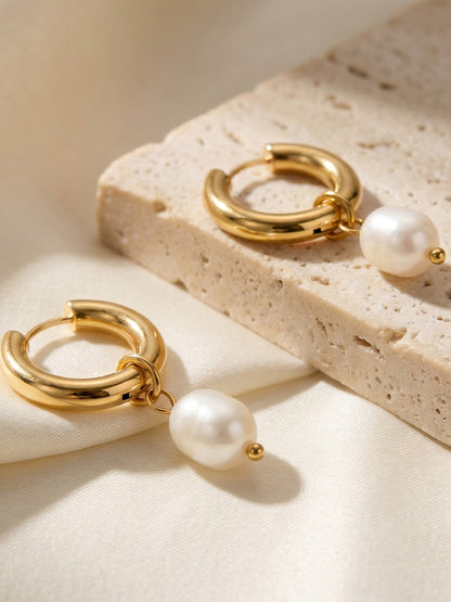 316L Stainless Steel 18K Gold PVD Pearl Round Earrings - Vintage Gold Round Pearl Minimalist Wholesale Stainless Steel Jewelry - Sensitive Skin Friendly - Detail 8