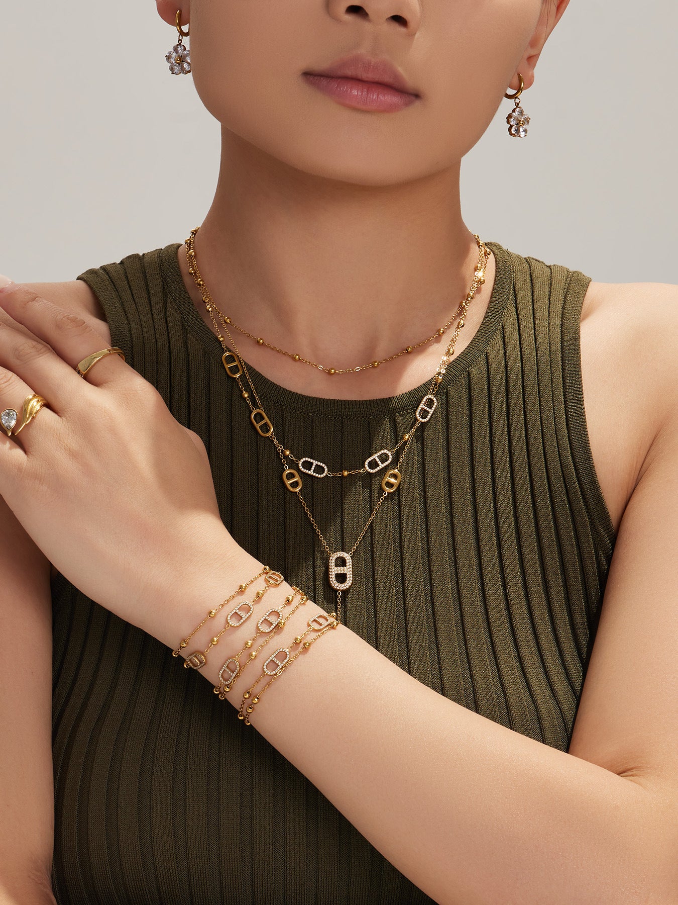 316L Stainless Steel 18K Gold PVD Pig Nose Clasp Zircon Necklace Bracelet - Pig Nose Clasp Zircon Minimalist Necklace Bracelet Wholesale Stainless Steel Jewelry - Sensitive Skin Friendly - Detail 2