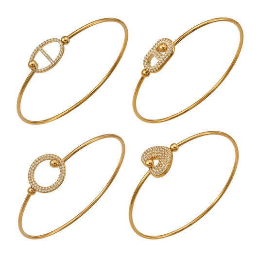 316L Stainless Steel 18K Gold PVD Pig Nose Heart Circle Design Bangle - Minimalist Gold Circle Heart Pig Nose Bangle Wholesale Stainless Steel Jewelry - Sensitive Skin Friendly - Detail 6