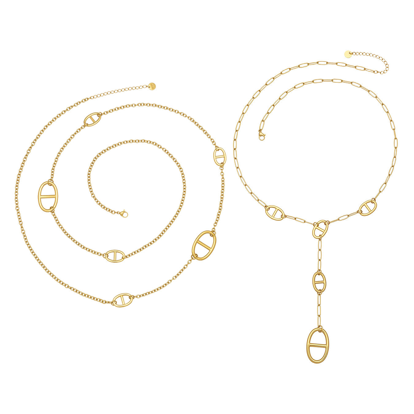 316L Stainless Steel 18K Gold PVD Pig Snout Link Y-Shaped Layered Necklace - Pig Snout Link, Y-Shaped, Layered, Gold Tone Wholesale Stainless Steel Jewelry - Sensitive Skin Friendly - Detail 1