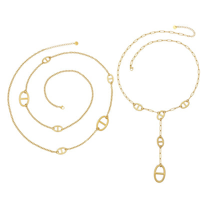 316L Stainless Steel 18K Gold PVD Pig Snout Link Y-Shaped Layered Necklace - Pig Snout Link, Y-Shaped, Layered, Gold Tone Wholesale Stainless Steel Jewelry - Sensitive Skin Friendly - Detail 1