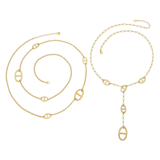 316L Stainless Steel 18K Gold PVD Pig Snout Link Y-Shaped Layered Necklace - Pig Snout Link, Y-Shaped, Layered, Gold Tone Wholesale Stainless Steel Jewelry - Sensitive Skin Friendly - Detail 1
