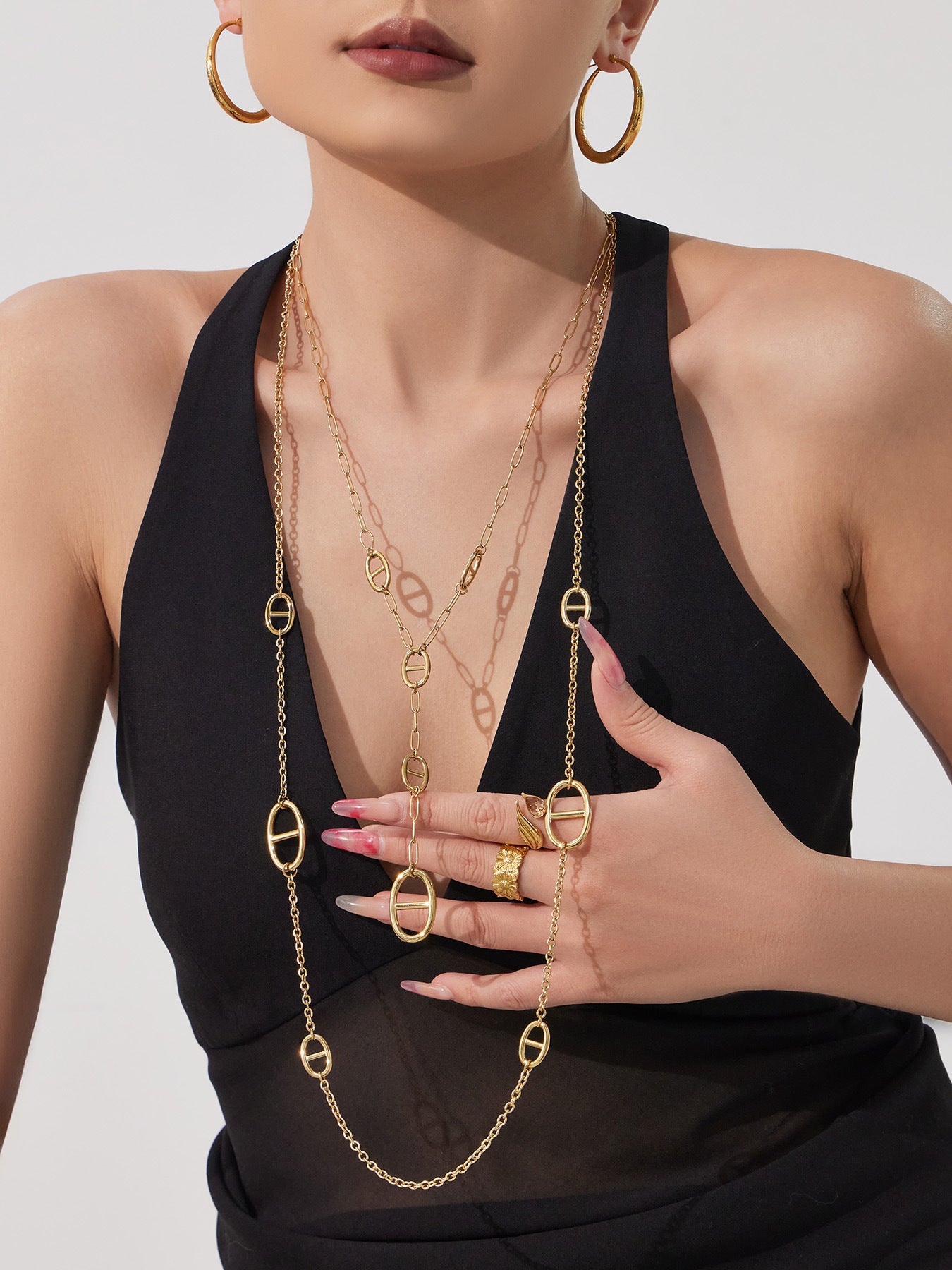 316L Stainless Steel 18K Gold PVD Pig Snout Link Y-Shaped Layered Necklace - Pig Snout Link, Y-Shaped, Layered, Gold Tone Wholesale Stainless Steel Jewelry - Sensitive Skin Friendly - Detail 10