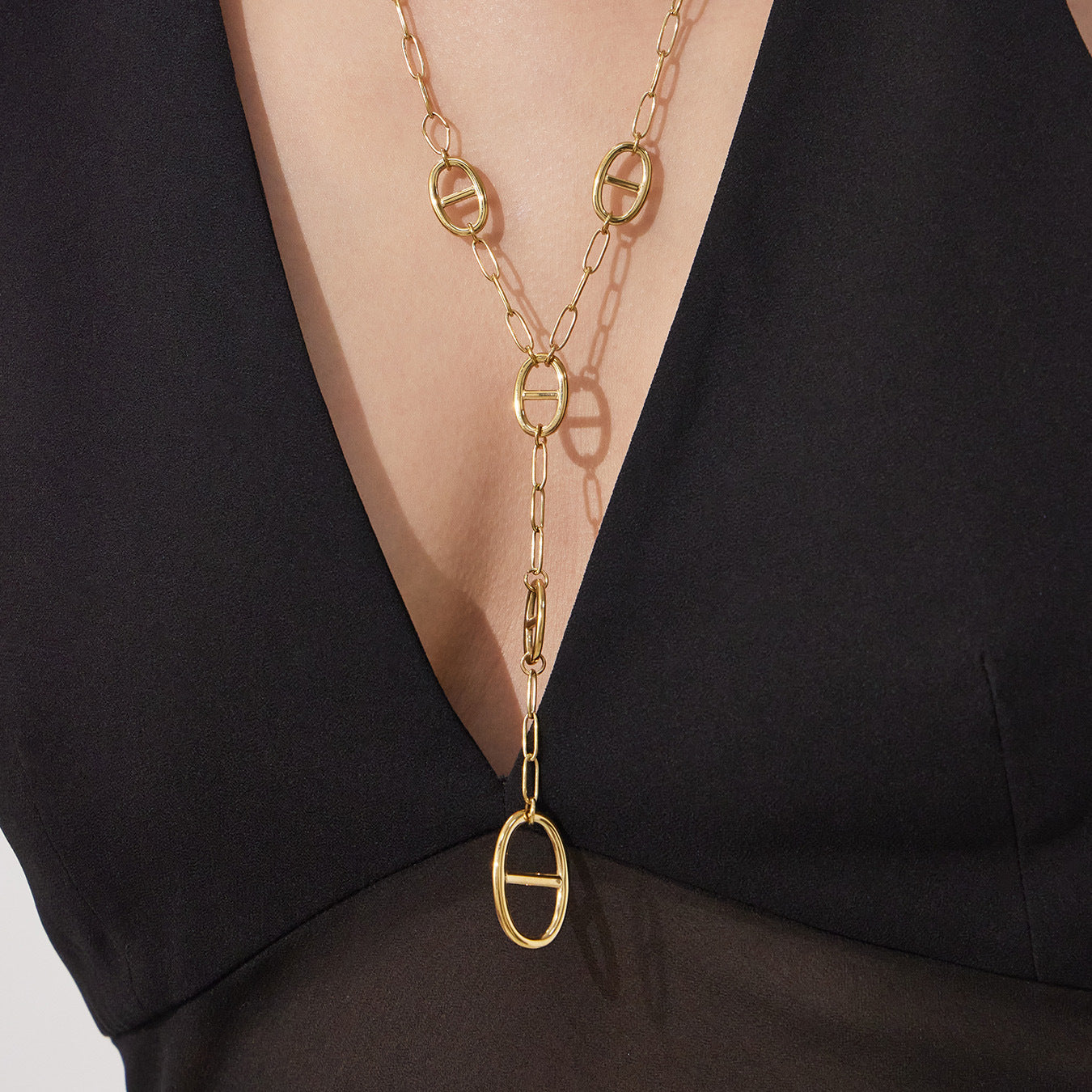 316L Stainless Steel 18K Gold PVD Pig Snout Link Y-Shaped Layered Necklace - Pig Snout Link, Y-Shaped, Layered, Gold Tone Wholesale Stainless Steel Jewelry - Sensitive Skin Friendly - Detail 13