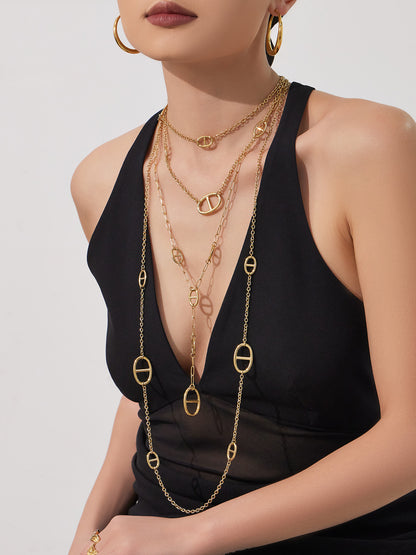316L Stainless Steel 18K Gold PVD Pig Snout Link Y-Shaped Layered Necklace - Pig Snout Link, Y-Shaped, Layered, Gold Tone Wholesale Stainless Steel Jewelry - Sensitive Skin Friendly - Detail 14