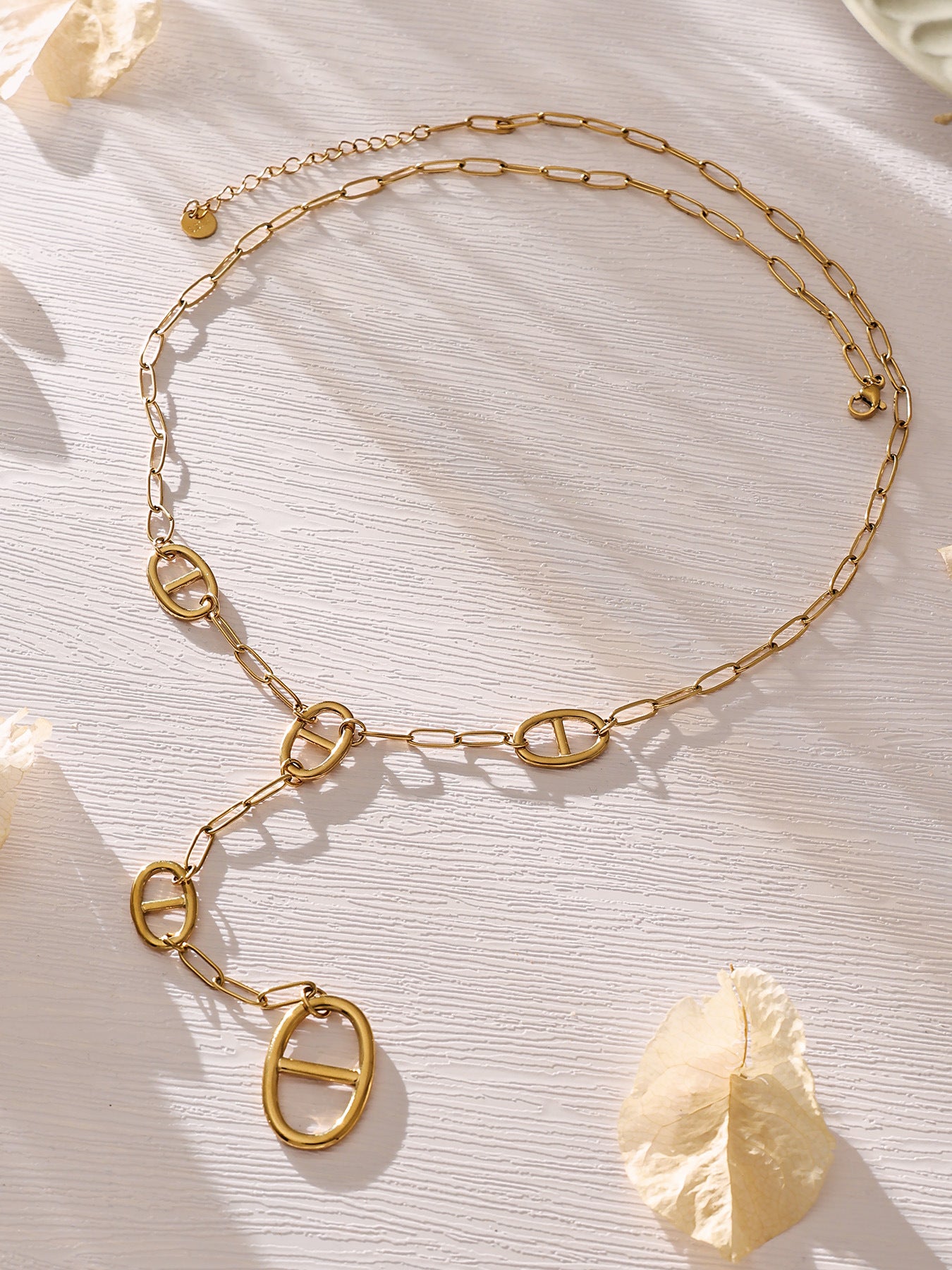 316L Stainless Steel 18K Gold PVD Pig Snout Link Y-Shaped Layered Necklace - Pig Snout Link, Y-Shaped, Layered, Gold Tone Wholesale Stainless Steel Jewelry - Sensitive Skin Friendly - Detail 2
