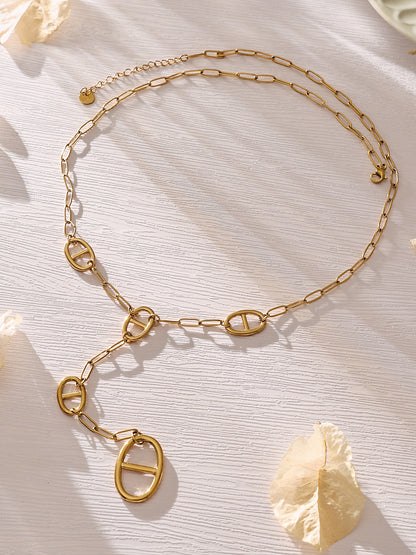 316L Stainless Steel 18K Gold PVD Pig Snout Link Y-Shaped Layered Necklace - Pig Snout Link, Y-Shaped, Layered, Gold Tone Wholesale Stainless Steel Jewelry - Sensitive Skin Friendly - Detail 2
