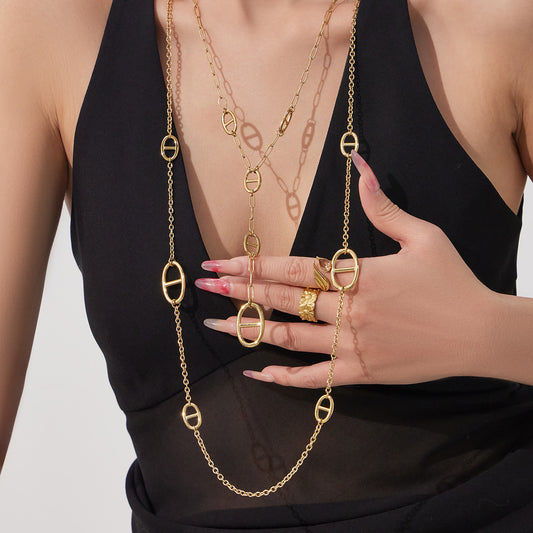 316L Stainless Steel 18K Gold PVD Pig Snout Link Y-Shaped Layered Necklace - Pig Snout Link, Y-Shaped, Layered, Gold Tone Wholesale Stainless Steel Jewelry - Sensitive Skin Friendly - Detail 3
