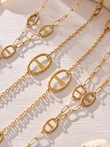 316L Stainless Steel 18K Gold PVD Pig Snout Link Y-Shaped Layered Necklace - Pig Snout Link, Y-Shaped, Layered, Gold Tone Wholesale Stainless Steel Jewelry - Sensitive Skin Friendly - Detail 5