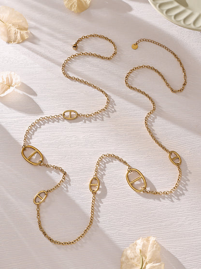 316L Stainless Steel 18K Gold PVD Pig Snout Link Y-Shaped Layered Necklace - Pig Snout Link, Y-Shaped, Layered, Gold Tone Wholesale Stainless Steel Jewelry - Sensitive Skin Friendly - Detail 6