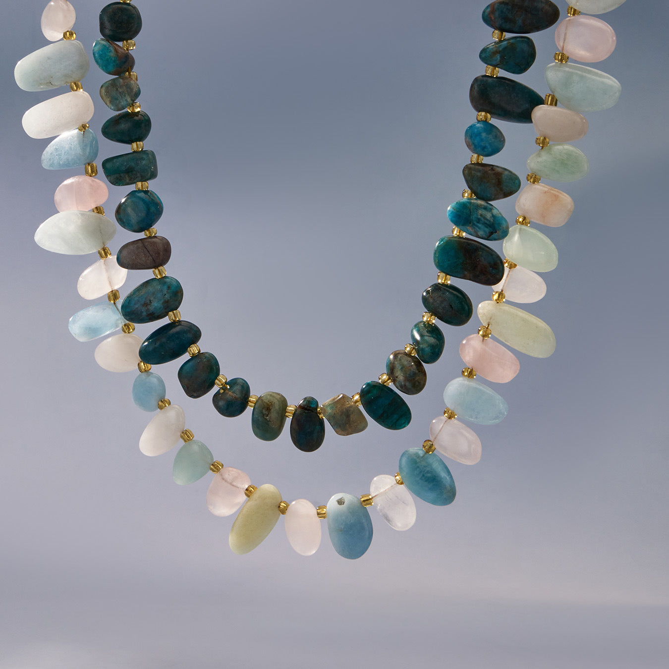 316L Stainless Steel 18K Gold PVD Pink Blue Aquamarine Natural Stone Beaded Necklace - Natural Stone Beaded, Aquamarine, Minimalist, Coastal Charm Wholesale Stainless Steel Jewelry - Sensitive Skin Friendly - Detail 1