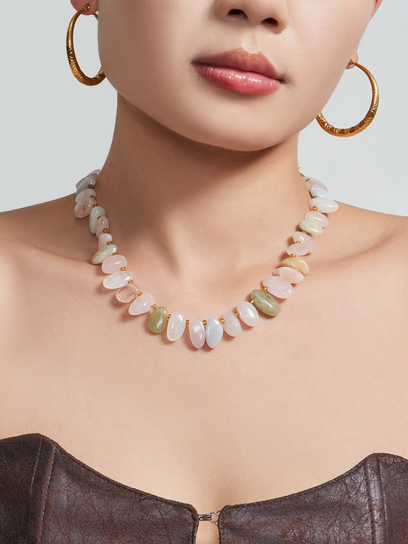 316L Stainless Steel 18K Gold PVD Pink Blue Aquamarine Natural Stone Beaded Necklace - Natural Stone Beaded, Aquamarine, Minimalist, Coastal Charm Wholesale Stainless Steel Jewelry - Sensitive Skin Friendly - Detail 10