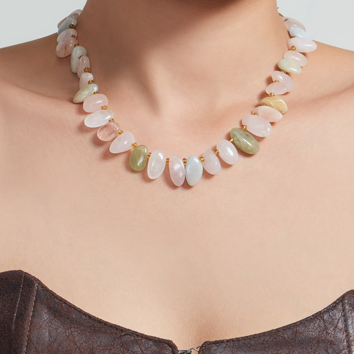 316L Stainless Steel 18K Gold PVD Pink Blue Aquamarine Natural Stone Beaded Necklace - Natural Stone Beaded, Aquamarine, Minimalist, Coastal Charm Wholesale Stainless Steel Jewelry - Sensitive Skin Friendly - Detail 15