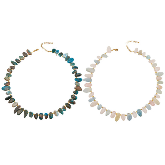 316L Stainless Steel 18K Gold PVD Pink Blue Aquamarine Natural Stone Beaded Necklace - Natural Stone Beaded, Aquamarine, Minimalist, Coastal Charm Wholesale Stainless Steel Jewelry - Sensitive Skin Friendly - Detail 2
