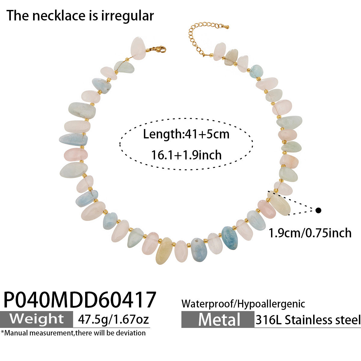 316L Stainless Steel 18K Gold PVD Pink Blue Aquamarine Natural Stone Beaded Necklace - Natural Stone Beaded, Aquamarine, Minimalist, Coastal Charm Wholesale Stainless Steel Jewelry - Sensitive Skin Friendly - Detail 4