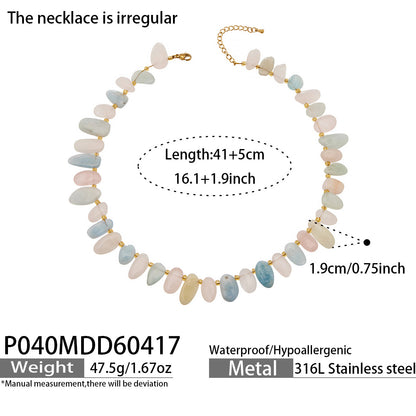 316L Stainless Steel 18K Gold PVD Pink Blue Aquamarine Natural Stone Beaded Necklace - Natural Stone Beaded, Aquamarine, Minimalist, Coastal Charm Wholesale Stainless Steel Jewelry - Sensitive Skin Friendly - Detail 4