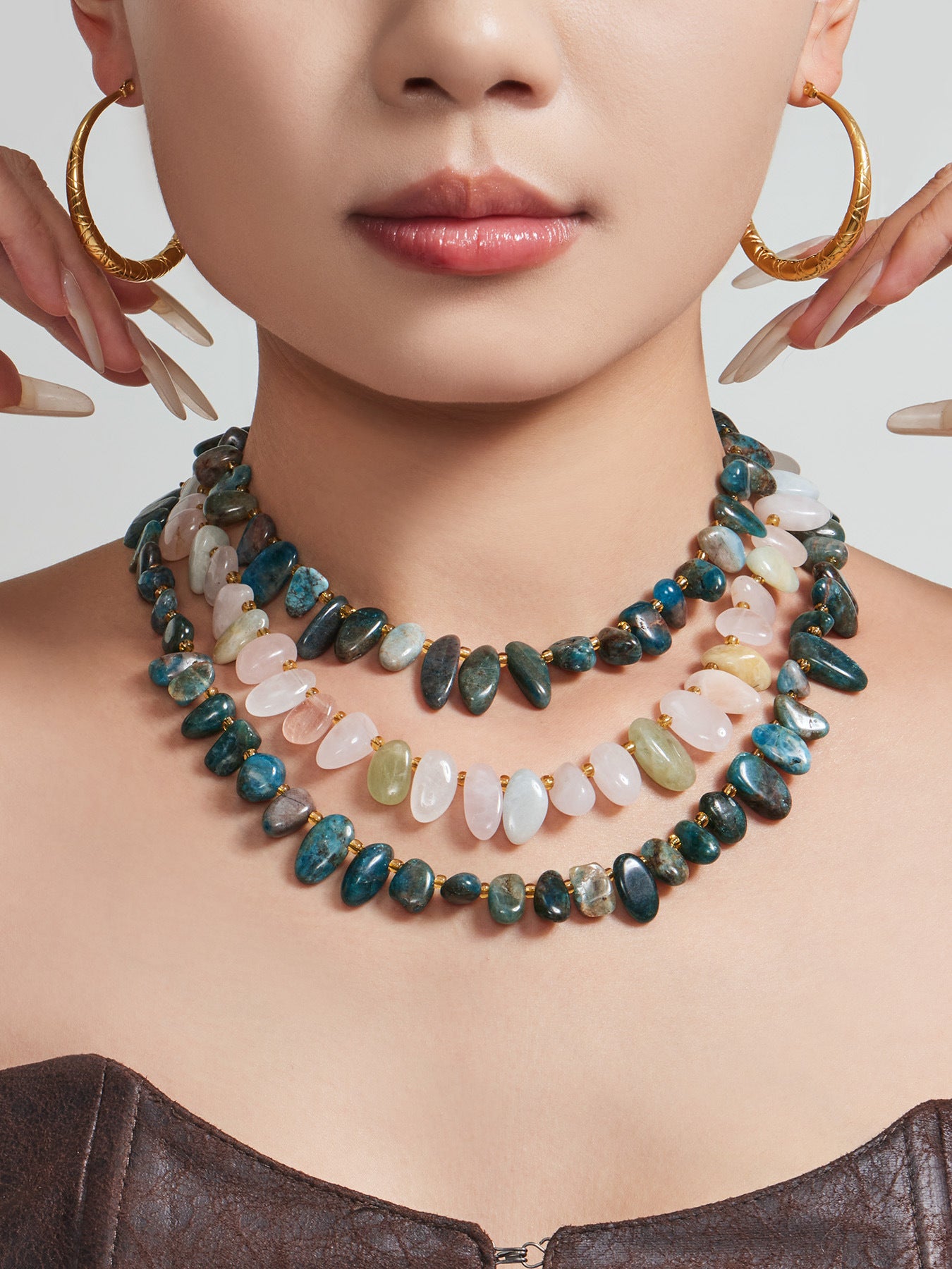 316L Stainless Steel 18K Gold PVD Pink Blue Aquamarine Natural Stone Beaded Necklace - Natural Stone Beaded, Aquamarine, Minimalist, Coastal Charm Wholesale Stainless Steel Jewelry - Sensitive Skin Friendly - Detail 5