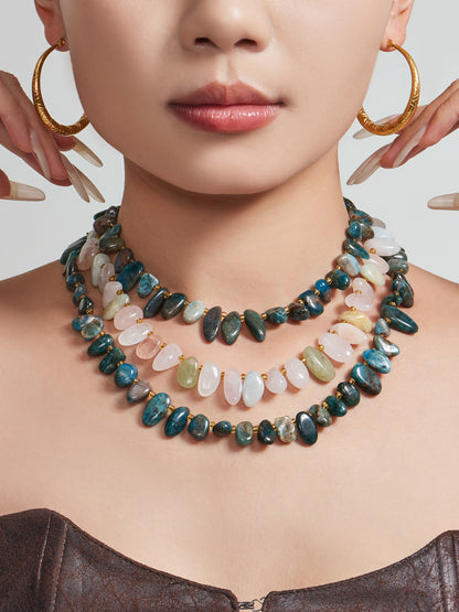 316L Stainless Steel 18K Gold PVD Pink Blue Aquamarine Natural Stone Beaded Necklace - Natural Stone Beaded, Aquamarine, Minimalist, Coastal Charm Wholesale Stainless Steel Jewelry - Sensitive Skin Friendly - Detail 5