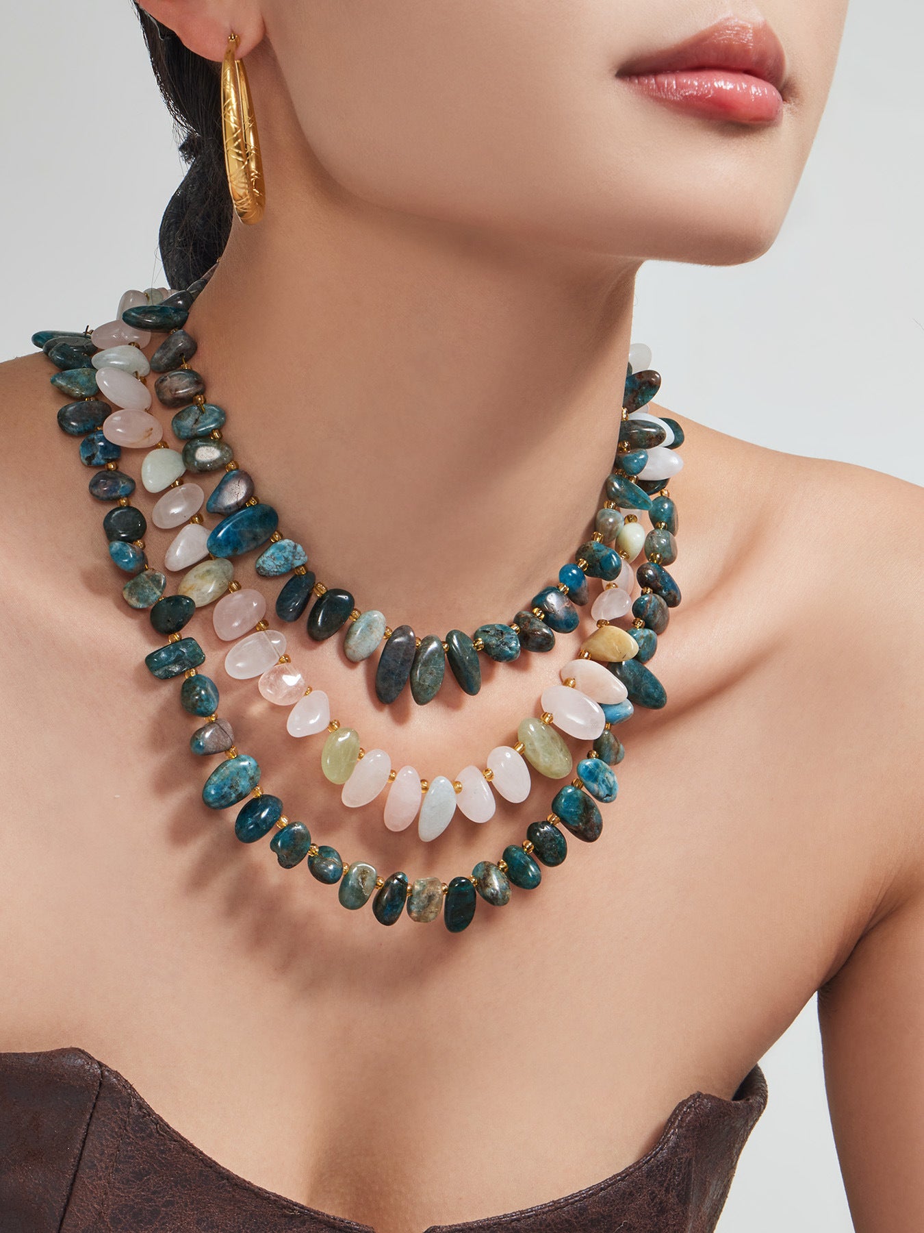 316L Stainless Steel 18K Gold PVD Pink Blue Aquamarine Natural Stone Beaded Necklace - Natural Stone Beaded, Aquamarine, Minimalist, Coastal Charm Wholesale Stainless Steel Jewelry - Sensitive Skin Friendly - Detail 6