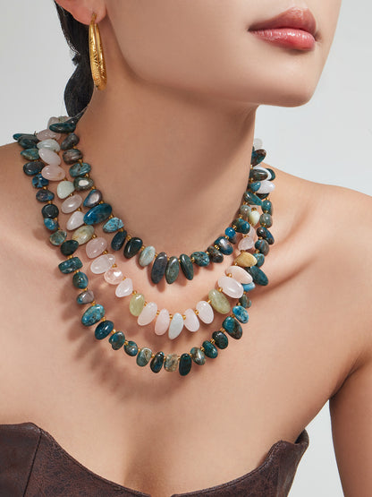 316L Stainless Steel 18K Gold PVD Pink Blue Aquamarine Natural Stone Beaded Necklace - Natural Stone Beaded, Aquamarine, Minimalist, Coastal Charm Wholesale Stainless Steel Jewelry - Sensitive Skin Friendly - Detail 6