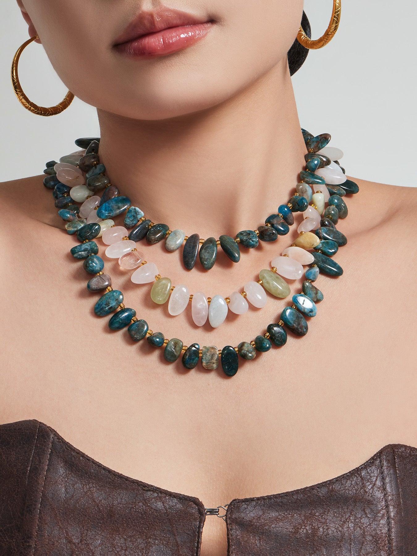 316L Stainless Steel 18K Gold PVD Pink Blue Aquamarine Natural Stone Beaded Necklace - Natural Stone Beaded, Aquamarine, Minimalist, Coastal Charm Wholesale Stainless Steel Jewelry - Sensitive Skin Friendly - Detail 7
