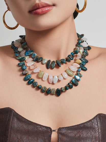 316L Stainless Steel 18K Gold PVD Pink Blue Aquamarine Natural Stone Beaded Necklace - Natural Stone Beaded, Aquamarine, Minimalist, Coastal Charm Wholesale Stainless Steel Jewelry - Sensitive Skin Friendly - Detail 7