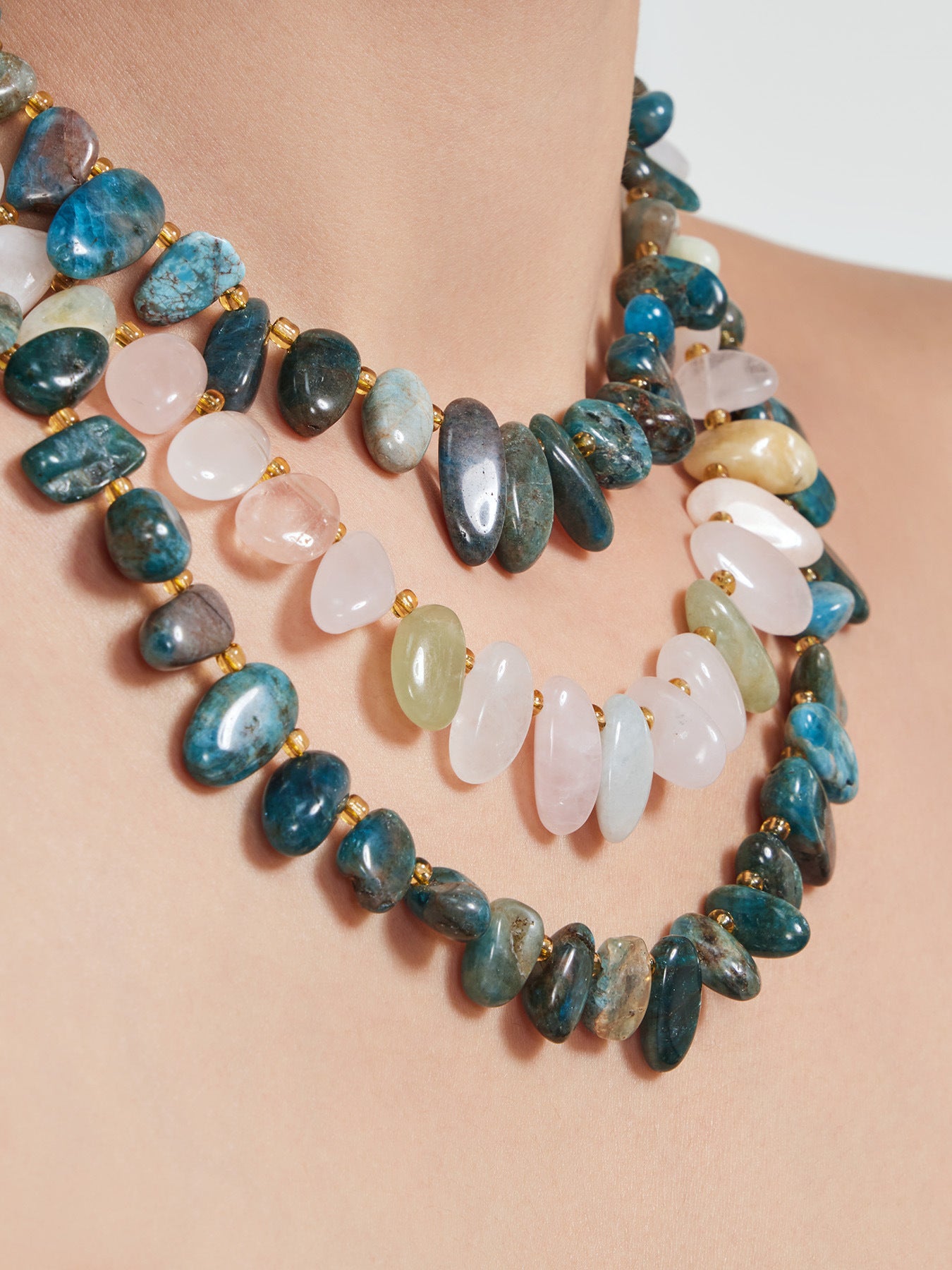 316L Stainless Steel 18K Gold PVD Pink Blue Aquamarine Natural Stone Beaded Necklace - Natural Stone Beaded, Aquamarine, Minimalist, Coastal Charm Wholesale Stainless Steel Jewelry - Sensitive Skin Friendly - Detail 8