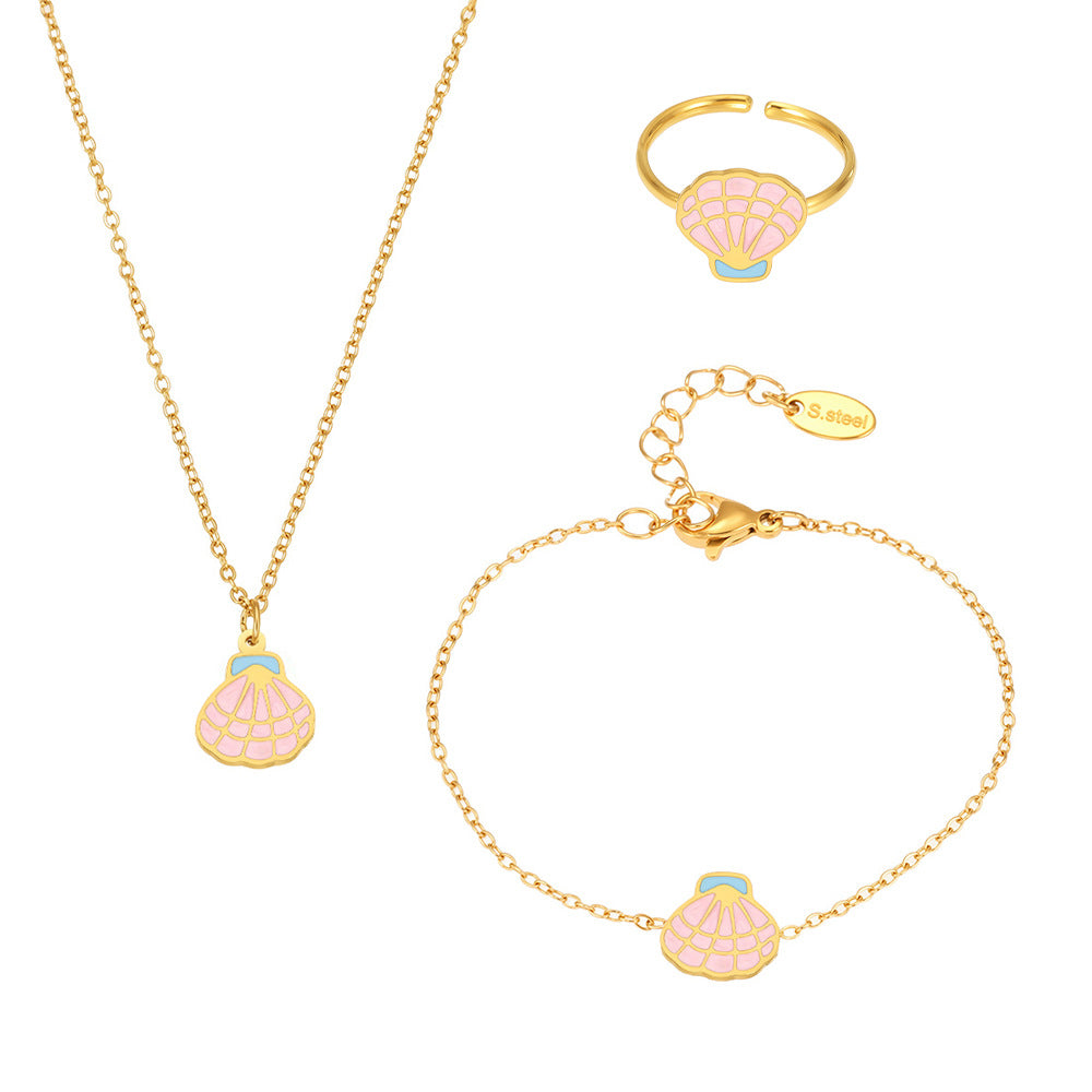 316L Stainless Steel 18K Gold PVD Pink Princess Dress Summer Necklace Set - Vintage Gold Band, Pink Princess Dress Wholesale Stainless Steel Jewelry - Sensitive Skin Friendly - Detail 1